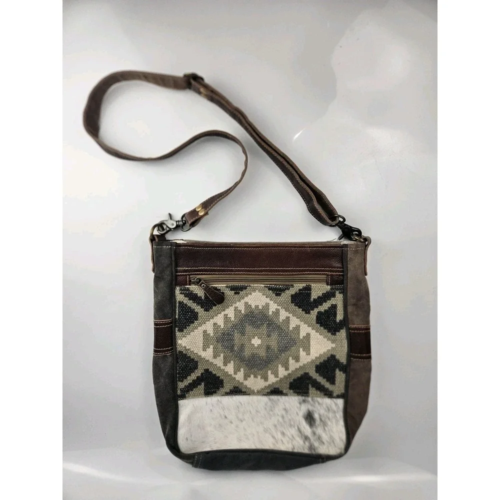 Myra Crossody Bag Southwest Print Woven‎ Leather Cowhide Accent Grey Brown White
